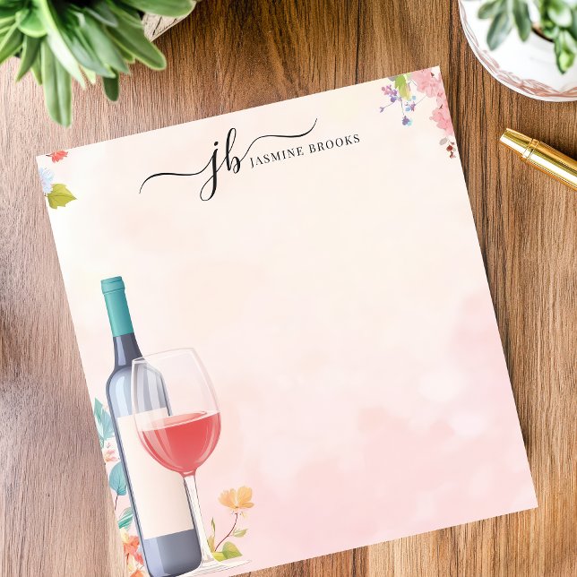 Bloco De Notas Garrafa de Vinho em Aquarela Floral Personalizada (Criador carregado)
