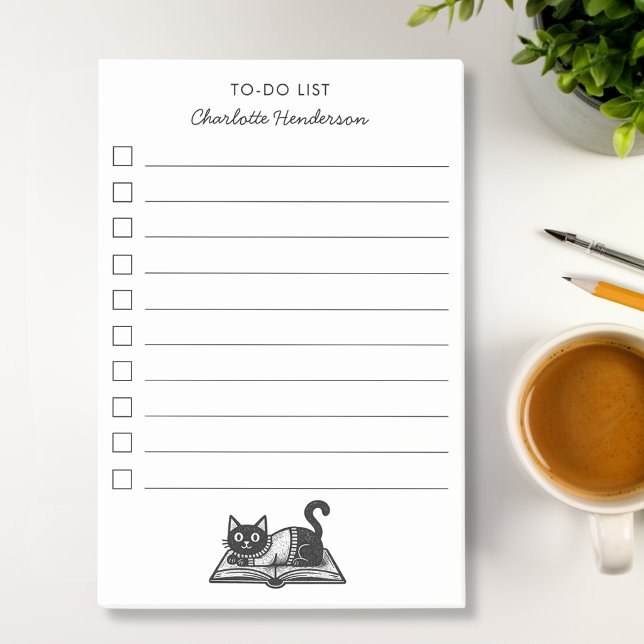 Bloco De Notas Gata Amante de Livros Preta e Branca Script Person (Criador carregado)