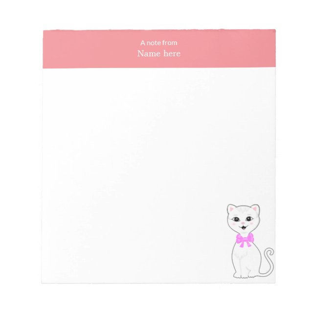Bloco De Notas Gato Branco Fofo & Cabeçalho Rosa Simples (Frente)