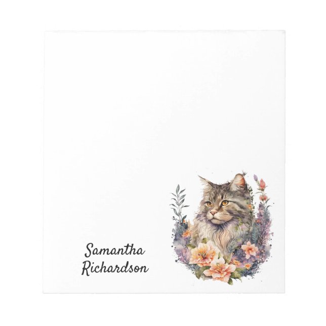Bloco De Notas Gato de Boho Floral Personalizado por Aquarela (Frente)