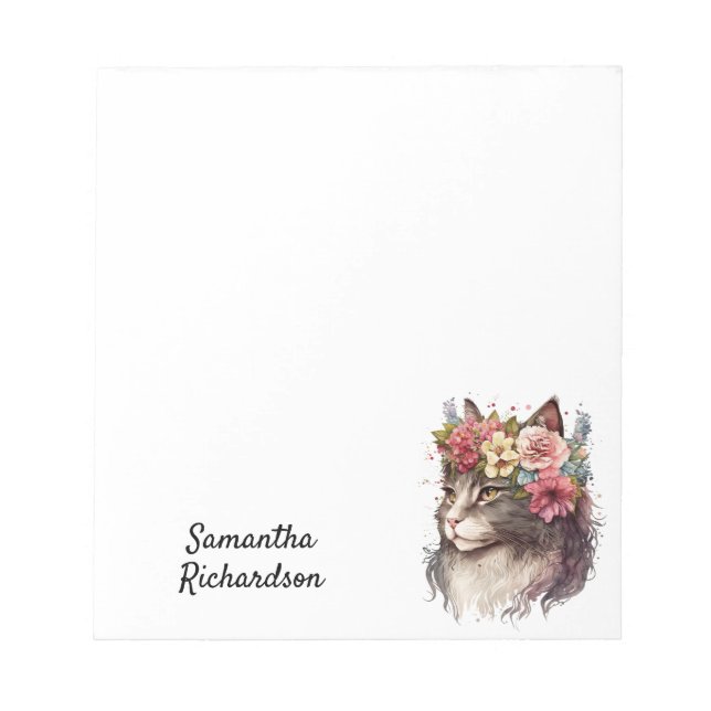 Bloco De Notas Gato de Boho Floral Personalizado por Aquarela (Frente)