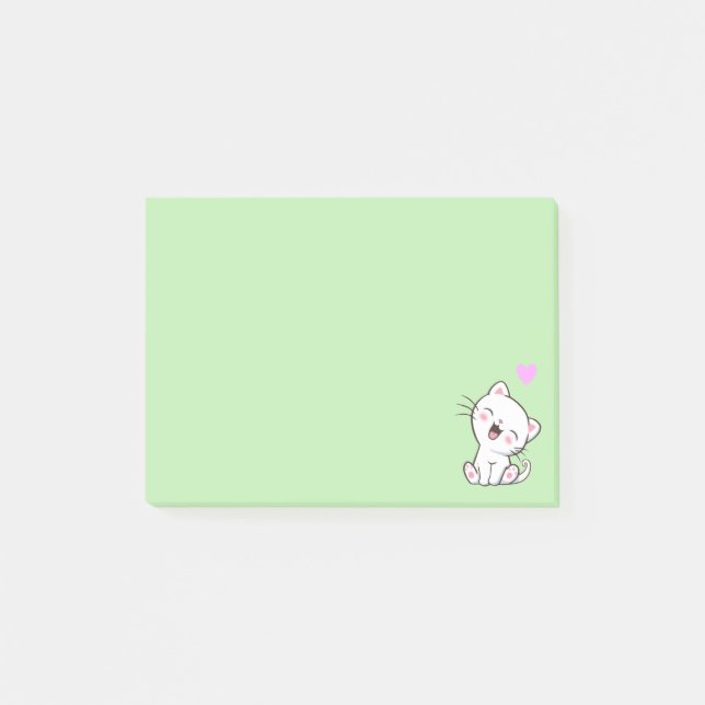 Bloco De Notas Gato Fofo e Coração em Verde Claro (Frente)