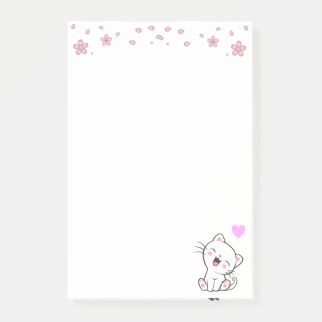 Bloco De Notas Gato Fofo e Flores em Branco (Frente)