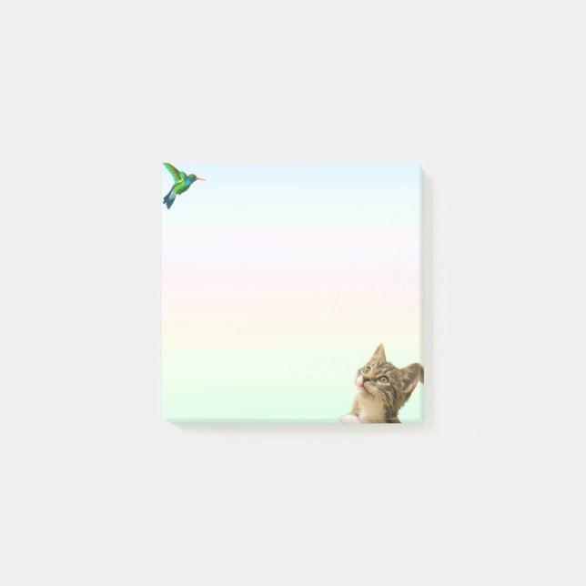 Bloco De Notas Gato Fofo e Pequeno Pássaro em Cor Pastel (Frente)