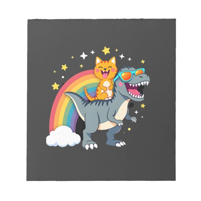 Bloco De Notas Gato Montando Dinossauro T-Rex Gatinho Arco-Íris D (Frente)