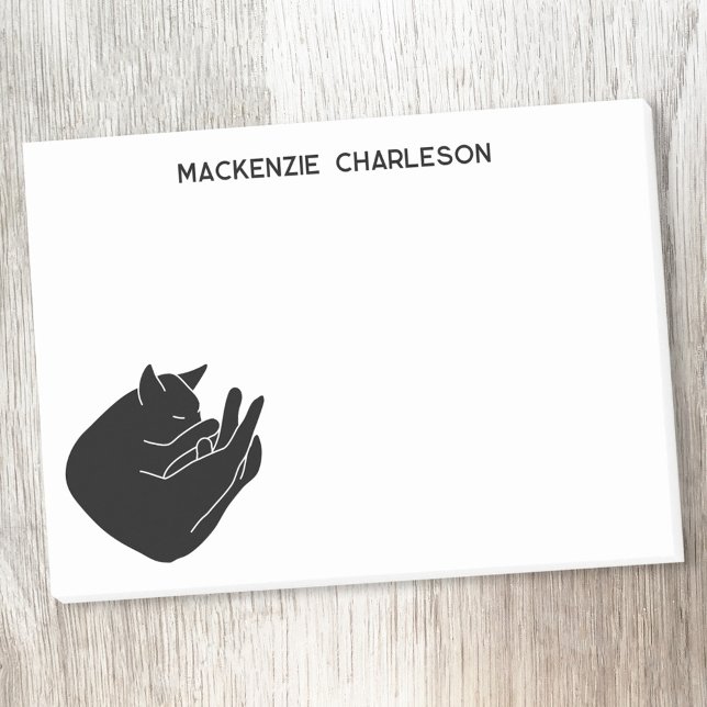 Bloco De Notas Gato Preto Adormecido Nome Personalizado (Modern minimalist personalized custom name sleeping black cat block print post it sticky notes)