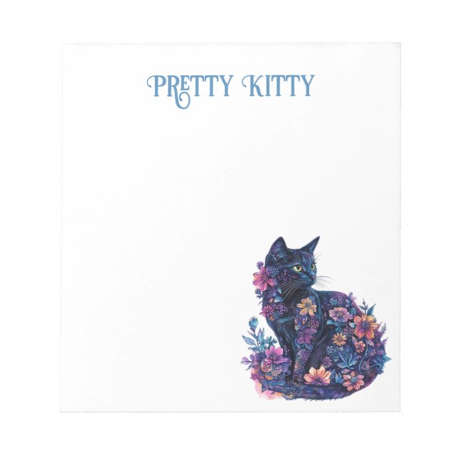 Bloco De Notas Gato Preto Azul Flores Gatinho Bonito (Frente)