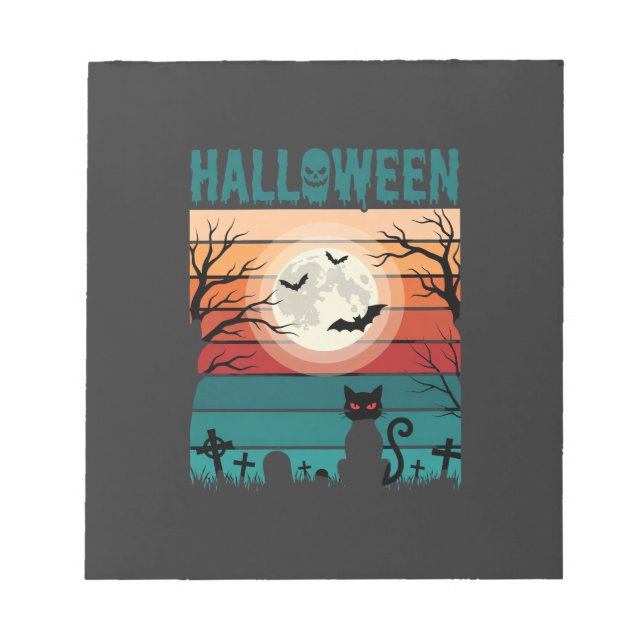 Bloco De Notas Gato Preto De Halloween Lua Cemitério Retro Vetor  (Frente)