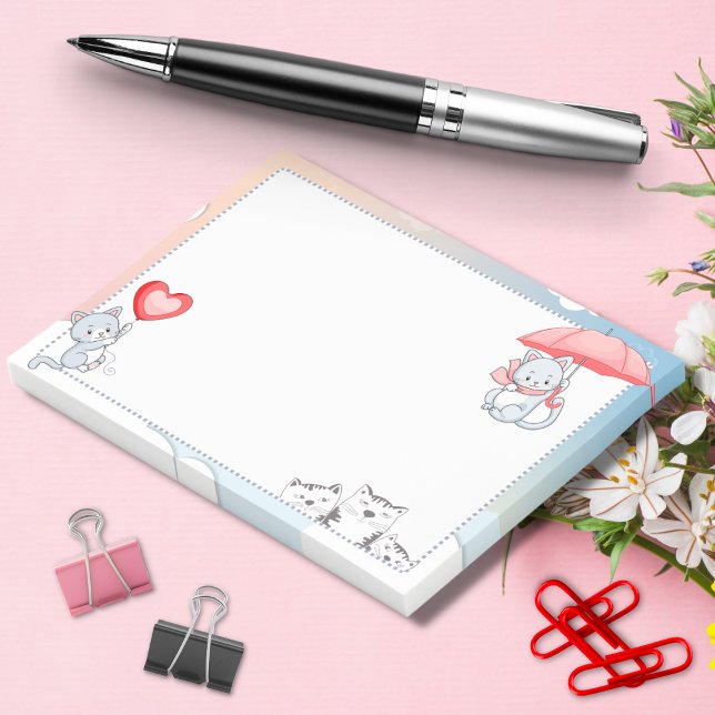 Bloco De Notas Gato segurando o umbrella coração balão voando no  (Criador carregado)