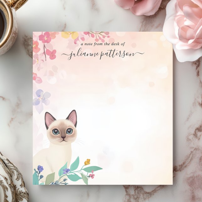 Bloco De Notas Gato Siamês Fofo Nome Personalizado Floral (Criador carregado)