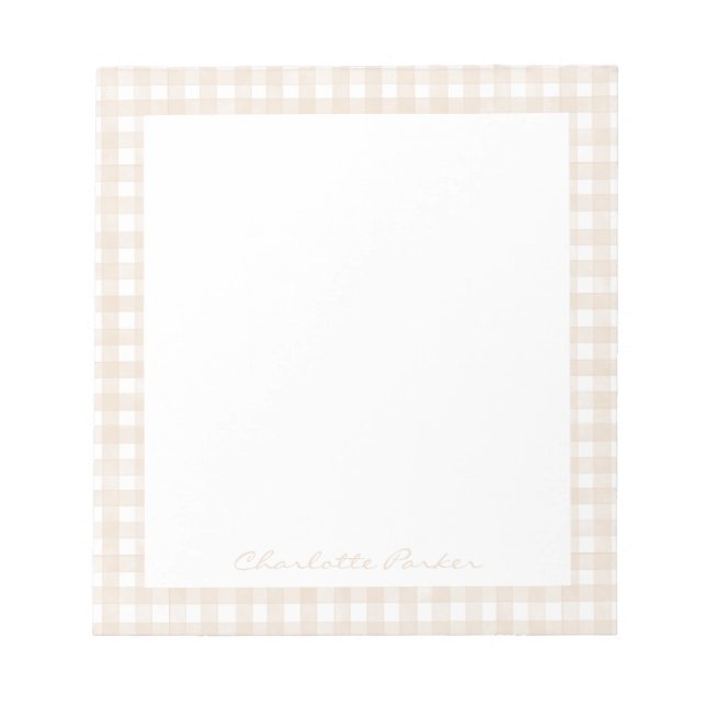 Bloco De Notas Gingham Bege Nome Personalizado (Frente)