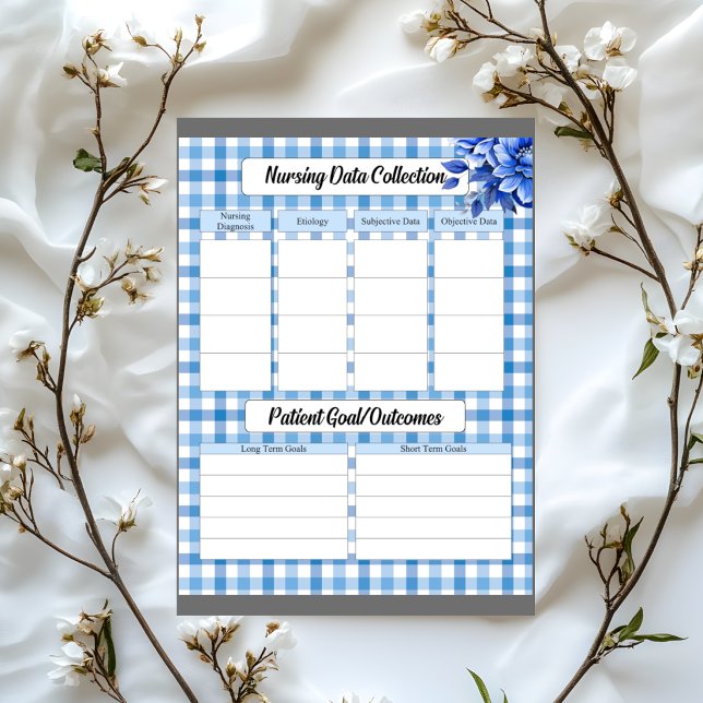 Bloco De Notas Gingham Floral Azul_ Coleta de Dados de Enfermagem (Criador carregado)
