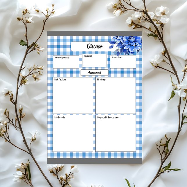Bloco De Notas Gingham Floral Azul _ Doença Temp 1 (Criador carregado)
