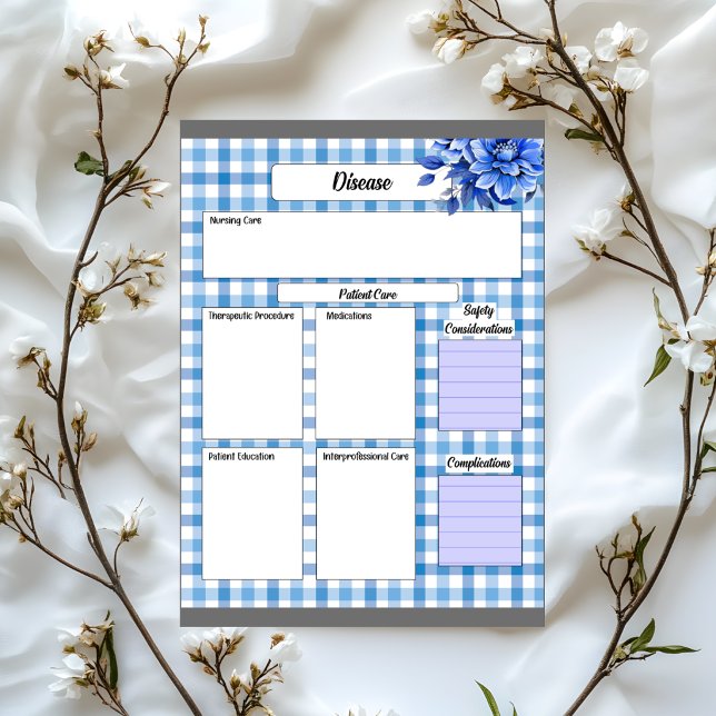 Bloco De Notas Gingham Floral Azul _ Doença Temp 2 (Criador carregado)