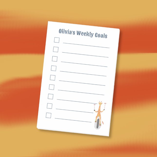 Bloco De Notas Giraffe on a Unicycle Kid Goals Post-It Notes (Personalized kids sticky notes featuring a cartoon giraffe on a unicycle . )