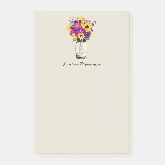 Bloco De Notas Girassóis Cor-de-rosa Púrpura, Floral Mason Jar (Frente)