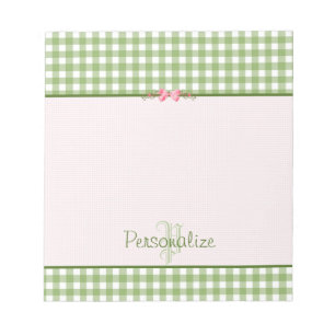 Bloco De Notas Girly Green Gingham Monograma Com Nome
