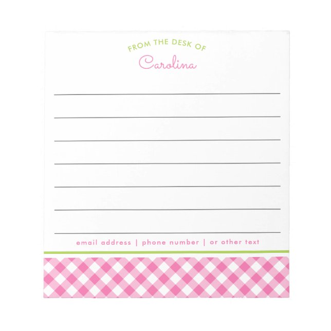 Bloco De Notas Girly Pink & Green Script Gingham Lined (Frente)