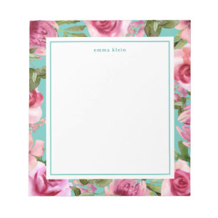 Bloco De Notas Girly Pink Watercolor Flowers Blue Name