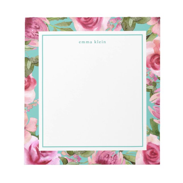 Bloco De Notas Girly Pink Watercolor Flowers Blue Name (Frente)