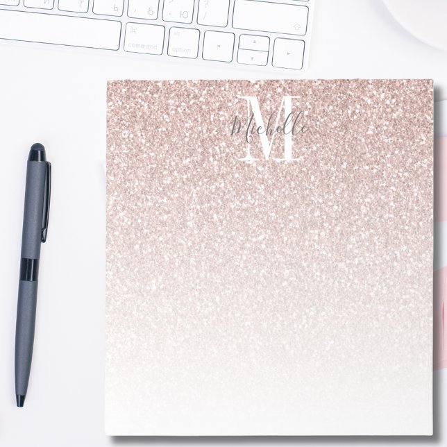 Bloco De Notas Girly Rose Gold Blush Pink Glitter Monogram Name (Criador carregado)