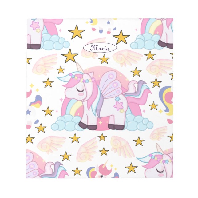 Bloco De Notas Girly Unicorn Rainbow Nome Personalizado (Frente)