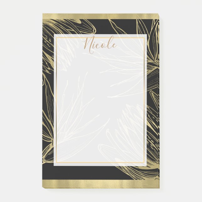 Bloco De Notas Glamour Moderno Dourado & Preto Tropical Botânico  (Frente)