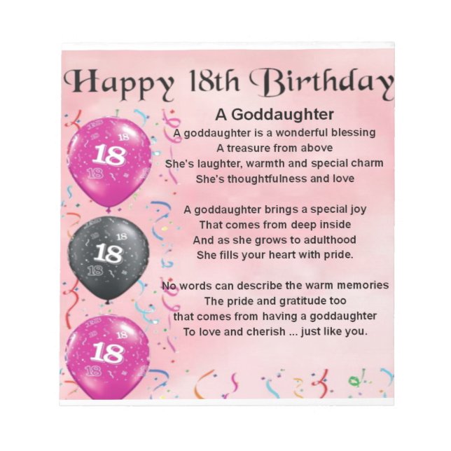Bloco De Notas Godchild Poem - 18º aniversário (Frente)