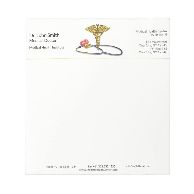 Bloco De Notas Gold Caduceus & Stethoscope with Heart Medical (Frente)