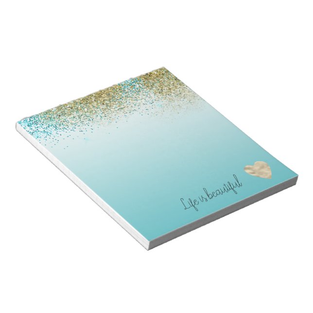 Bloco De Notas Gold Faux Glitter Aqua Ombre Heart   (Inclinado)