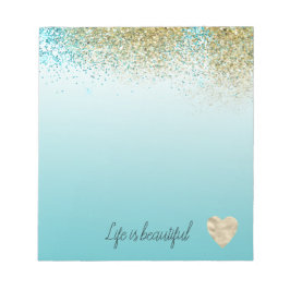Bloco De Notas Gold Faux Glitter Aqua Ombre Heart  