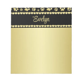 Bloco De Notas Golden Paw Prints on Black with Custom Name
