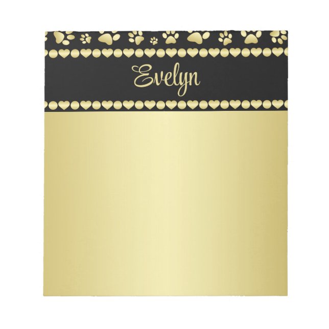 Bloco De Notas Golden Paw Prints on Black with Custom Name (Frente)