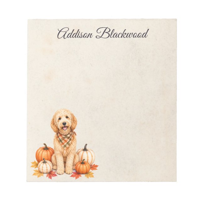 Bloco De Notas Goldendoodle Folhas de Outono Abóboras Personaliza (Frente)