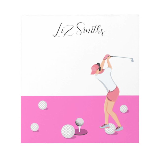Bloco De Notas Golfe com Nome para mulher golfista tema Rosa (Frente)