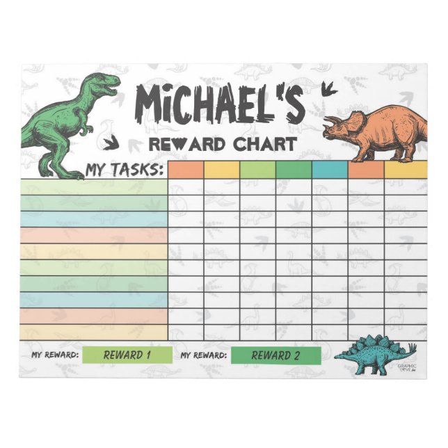 Bloco De Notas Gráfico de Recompensa de Dinossauro Nome Personali (Frente)