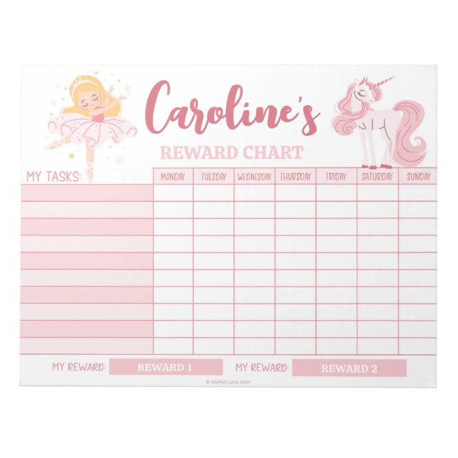 Bloco De Notas Gráfico de Recompensas da Princesa Rosa Nome Perso (Frente)