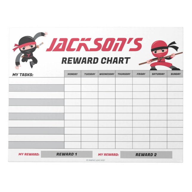 Bloco De Notas Gráfico de Recompensas Personalizadas Ninja Vermel (Frente)