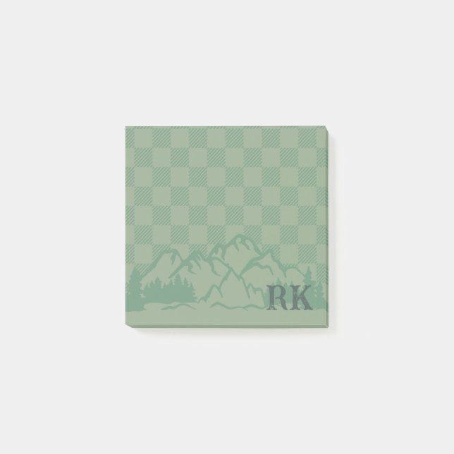 Bloco De Notas Green Check Pattern Rustic Mountains Monogram (Frente)
