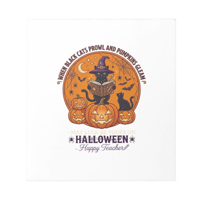 Bloco De Notas Halloween Feliz Professor Gato Preto Chapéu de Bru (Frente)