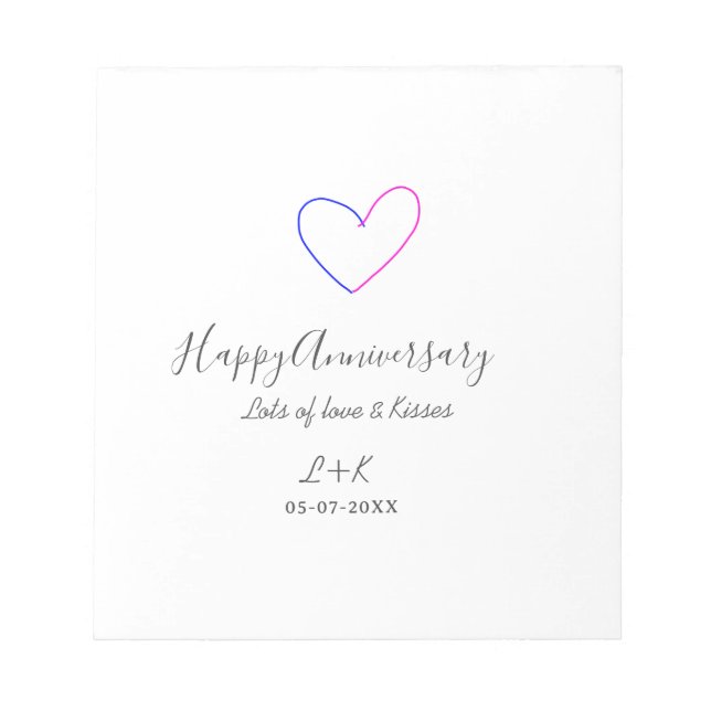 Bloco De Notas Happy anniversary pink blue heart name date simple (Frente)