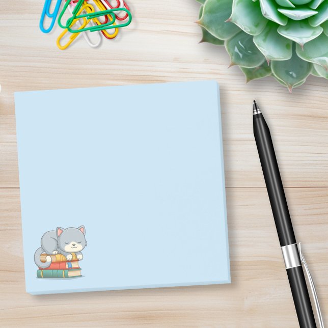 Bloco De Notas Happy Cat on top of a Book Stack Blue (Criador carregado)