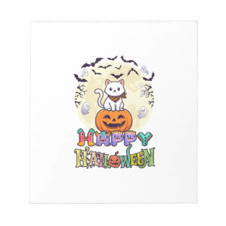 Bloco De Notas Happy Halloween White Cat Pumpkin Moon Bats Ghosts