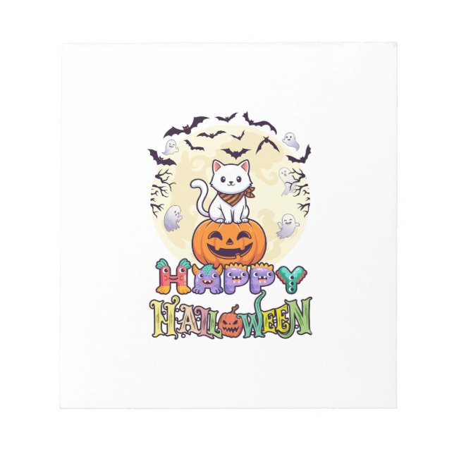 Bloco De Notas Happy Halloween White Cat Pumpkin Moon Bats Ghosts (Frente)