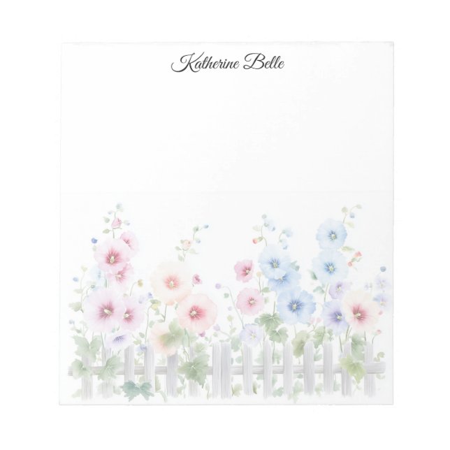 Bloco De Notas Hollyhocks & Cerca de Madeira Rústica Aquarela (Frente)