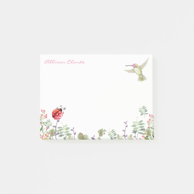 Bloco De Notas Hummingbird Nature Garden Ladybug Meadow Monograma (Frente)