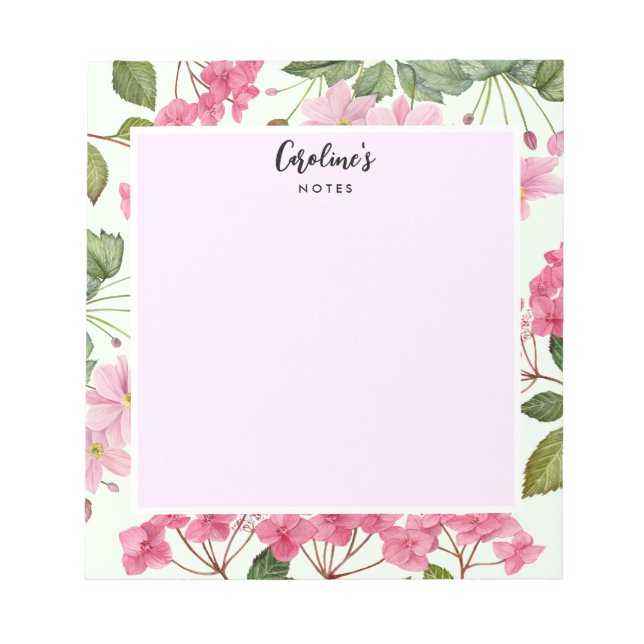 Bloco De Notas Hydrangea rosa com aquarela e anêmona japonesa (Frente)
