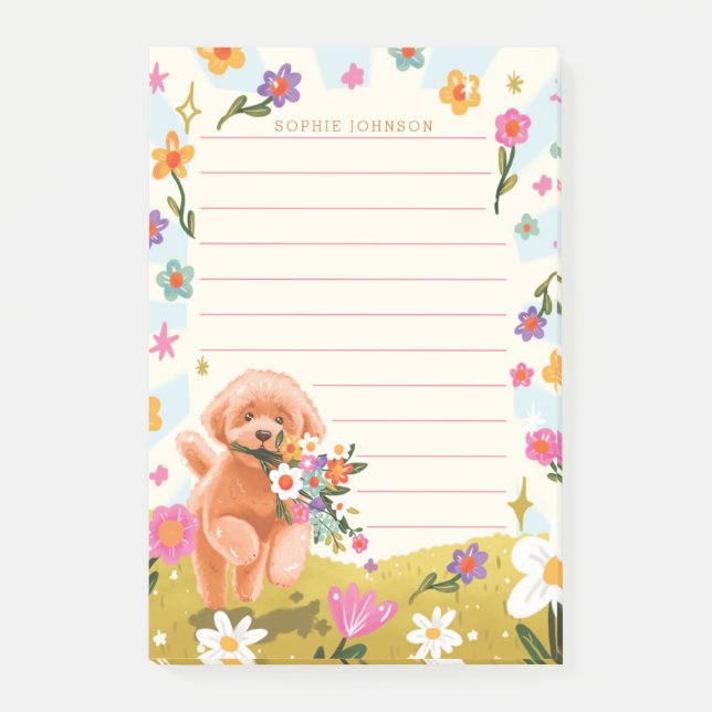 Bloco De Notas Ilustração de Cachorro Flores de Primavera Florais (Frente)