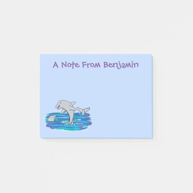 Bloco De Notas Ilustração de desenho animado de golfinhos alegres (Frente)