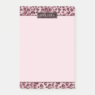 Bloco De Notas Impressão de Animal Leopardo Rosa Com Nome e Folha